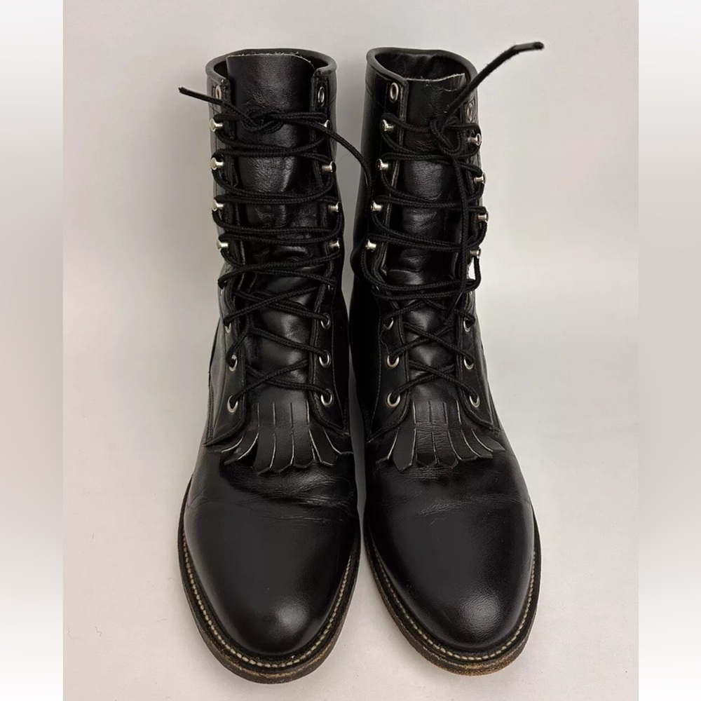 Justin Black Western Roper Lace Up Kiltie Womens Ankle Boots Size 8.5 D USA made